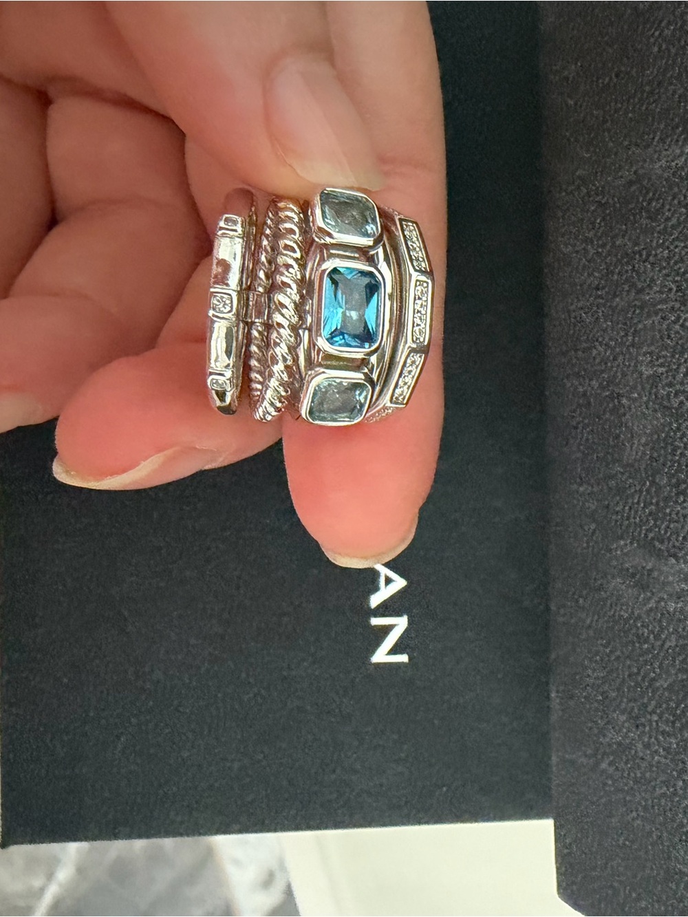 David Yurman Five-Row Stackable Ring with Hampton Blue Topaz and Diamonds Cable